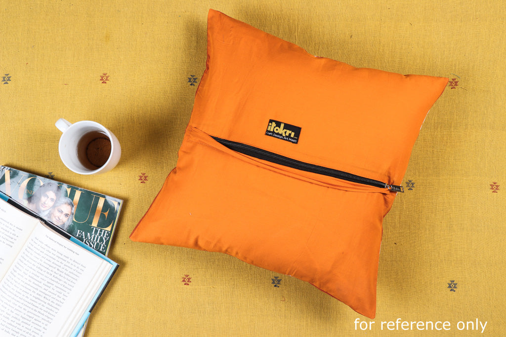 Orange - Noori Ikat & Modal Silk Block Print Cotton Cushion Cover (16 x 16 inches)