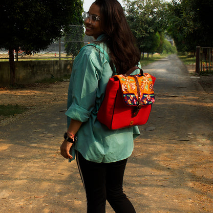 Red - Chain Stitch Hand Embroidery Canvas Anokhi Backpack