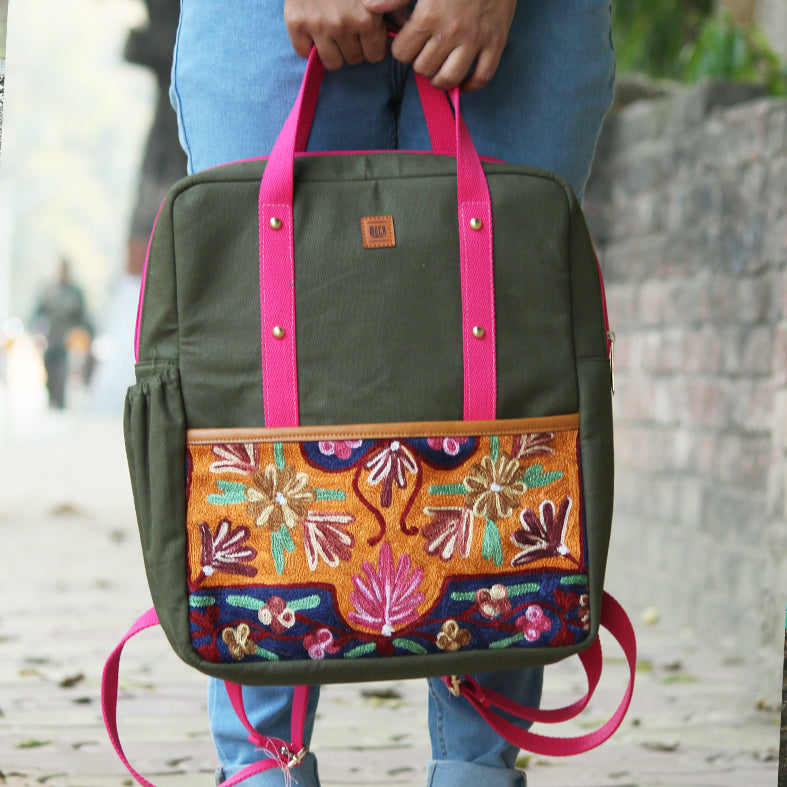 chain stitch hand embroidery backpack