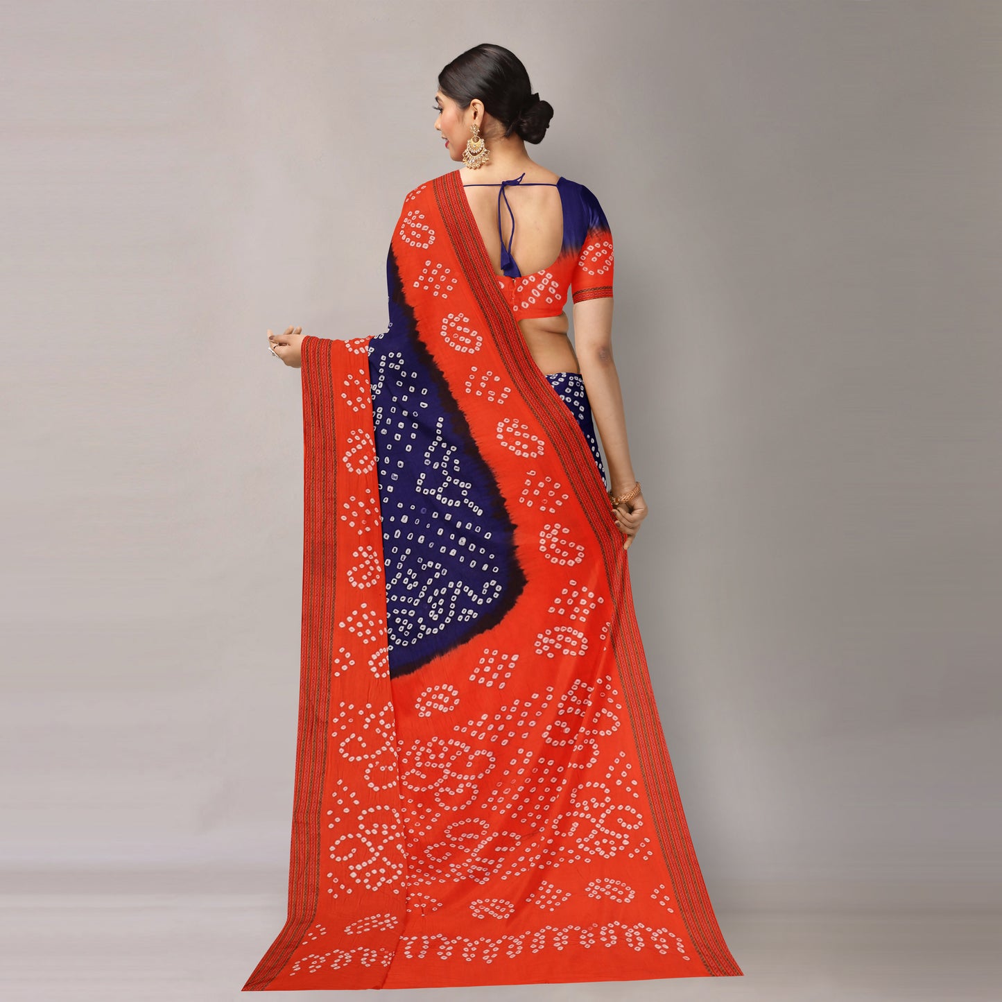 Orange - Kutch Bandhani Cotton Saree with Resham Border & Blouse Piece