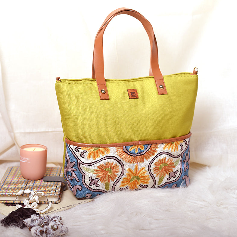 Lilly Lemon Green Chain Stitch Hand Embroidery Canvas Tote Bag