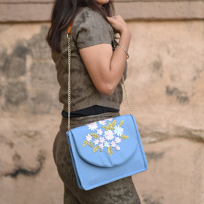 Blue - Drizzle Stitch Hand Embroidery Canvas Clutch/Sling Bag