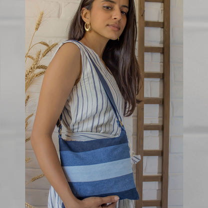 Blue - Upcycled Denim Striped Sling Bags