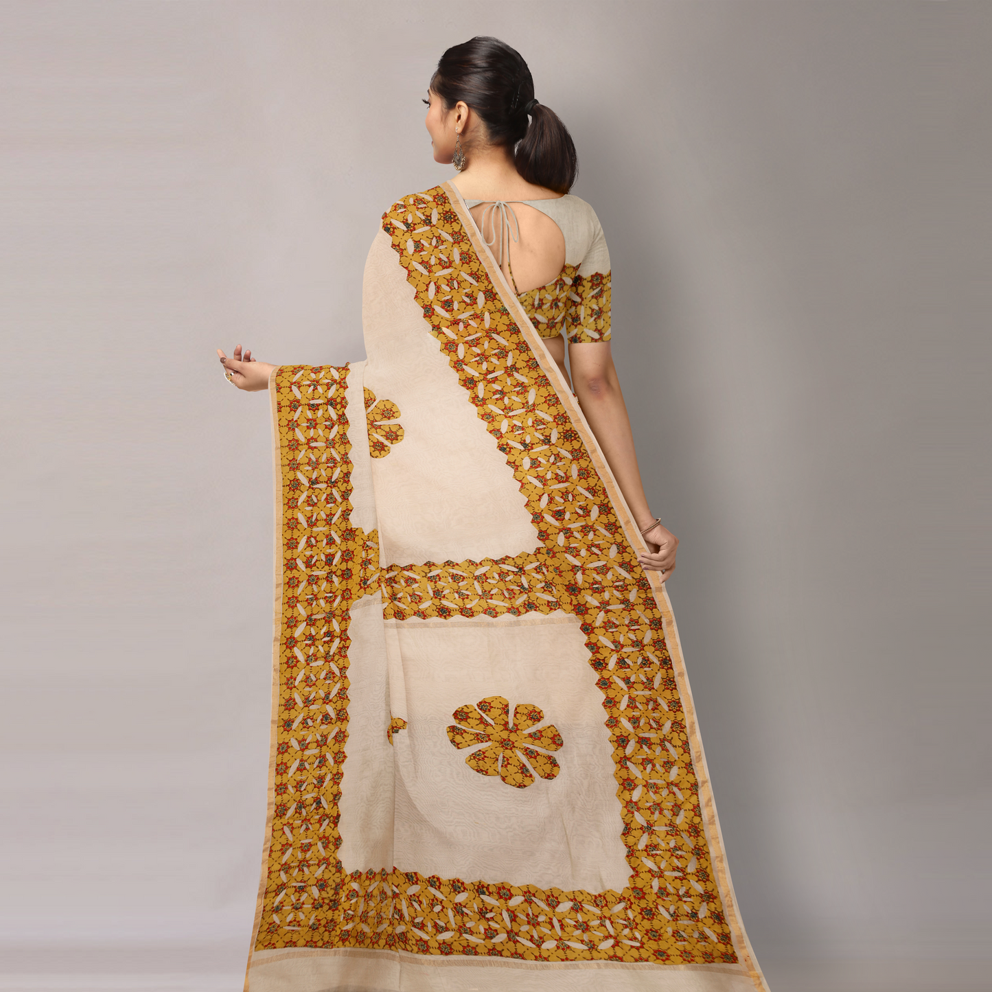 Barmer Applique Work Chanderi Silk Saree with Tassels
