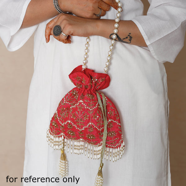 Fuchsia Pink Hand Embroidery Beadwork Silk Potli Bag | iTokri आई.टोकरी