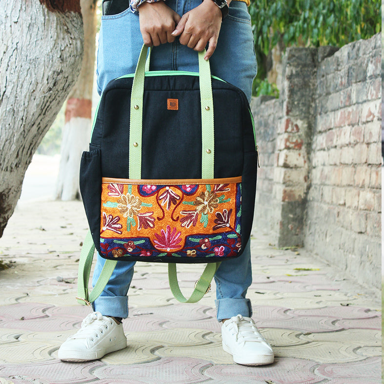 chain stitch hand embroidery backpack