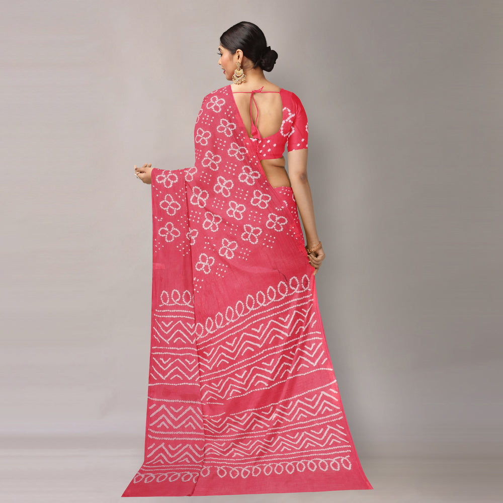 Pink - Kutch Bandhani Tie-Dye Cotton Saree with Blouse Piece