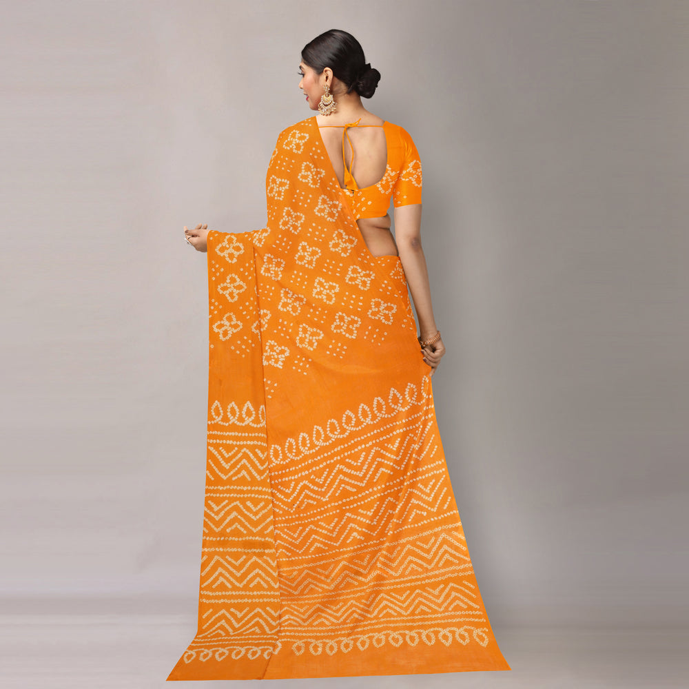 Orange - Kutch Bandhani Tie-Dye Cotton Saree with Blouse Piece