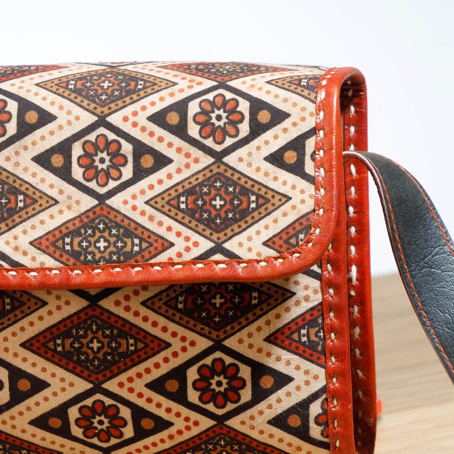 Beige - Ajrakh Block Print & Leather Handcrafted Sling Bag