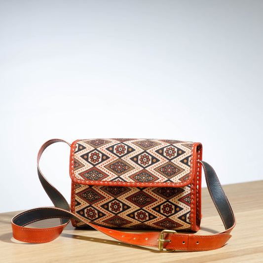 Beige - Ajrakh Block Print & Leather Handcrafted Sling Bag