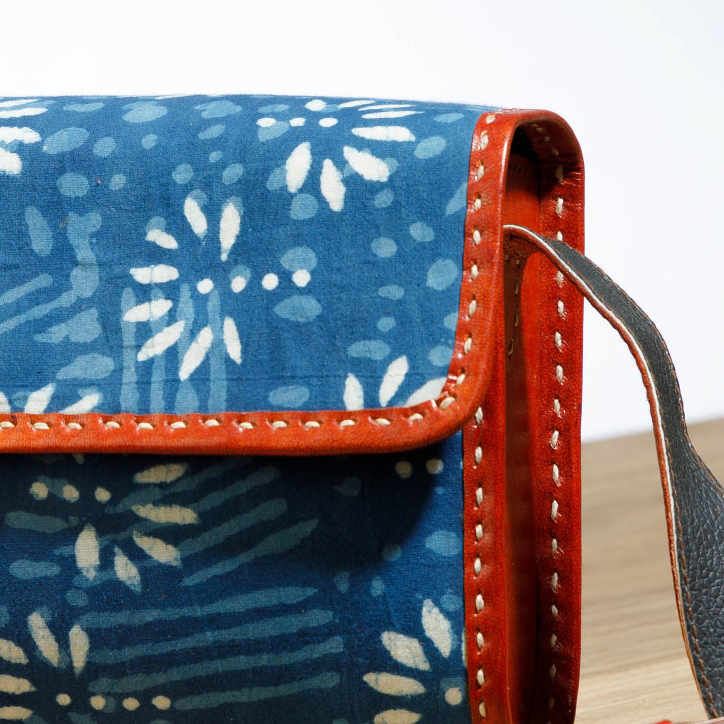 Blue - Bagru Block Print Cotton & Leather Handcrafted Sling Bag