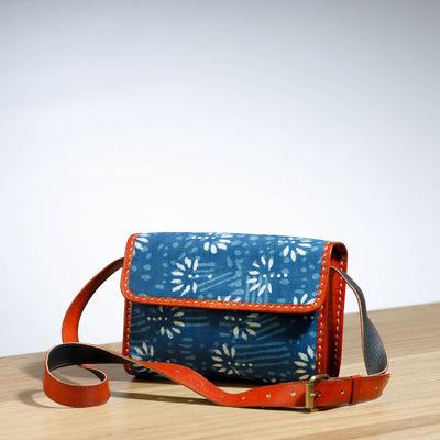 Blue - Bagru Block Print Cotton & Leather Handcrafted Sling Bag