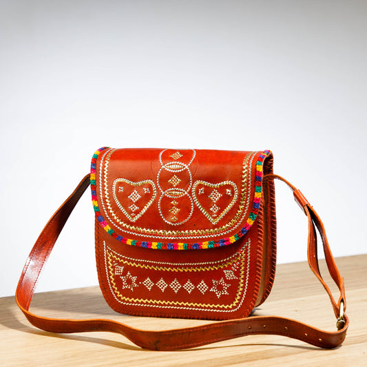 Orange - Handcrafted Zari Work Kutch Leather Sling Bag