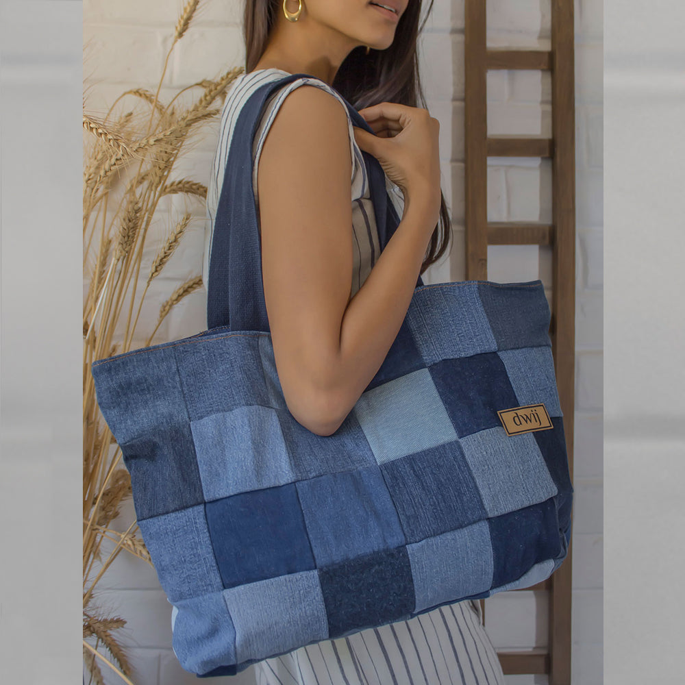 Upcycled Denim Chequered Tote Bags