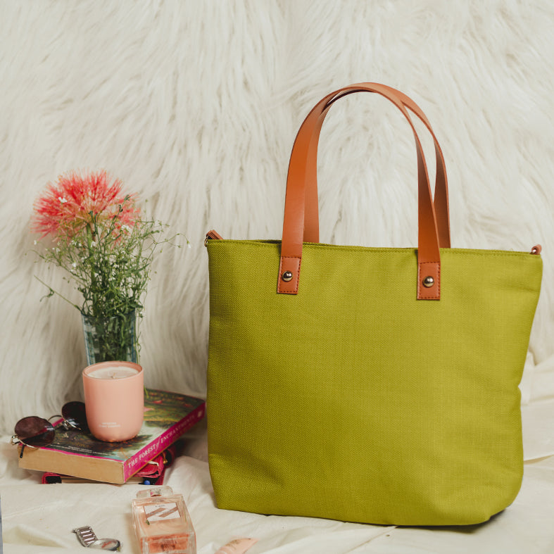 Lilly Lemon Green Chain Stitch Hand Embroidery Canvas Tote Bag