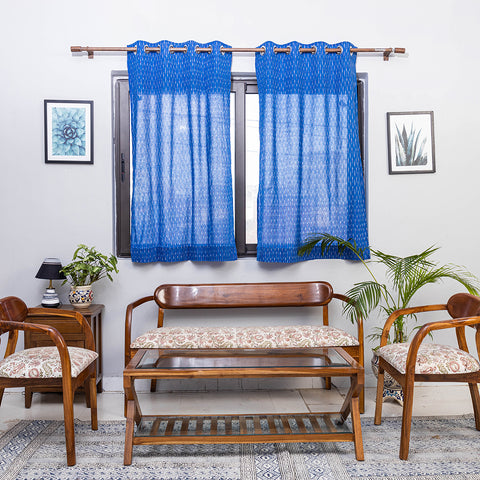 Blue - Pochampally Ikat Weave Pure Cotton Fabric Window Curtain (5 x 3 Feet) (single piece)