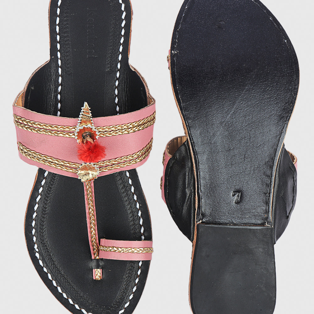 Baby Pink & Black Handstitched Leather Kolhapuri Women Slipper