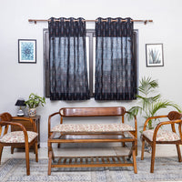 Black - Pochampally Ikat Weave Pure Cotton Fabric Window Curtain (5 x 3 Feet) (single piece)