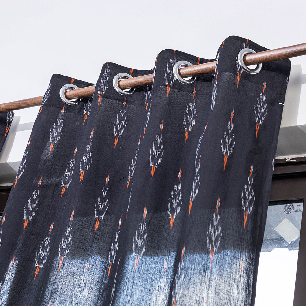Black - Pochampally Ikat Weave Pure Cotton Fabric Window Curtain (5 x 3 Feet) (single piece)