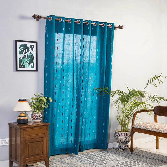 Blue - Jacquard Weave Cotton Door Curtain (7 x 3.5 Feet) (single piece)