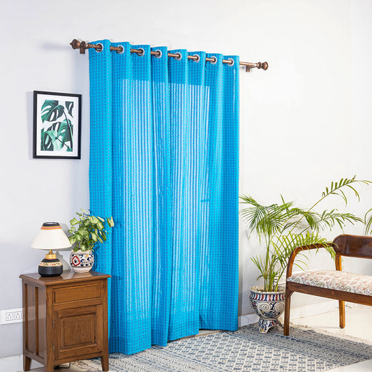 Blue - Jacquard Weave Cotton Door Curtain (7 x 3 Feet) (single piece)