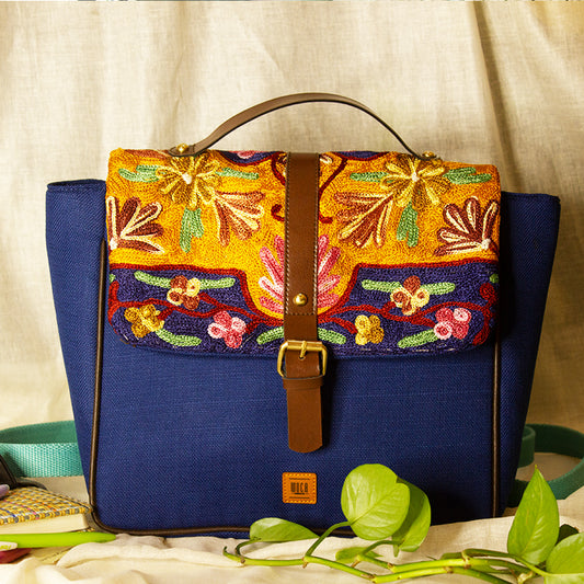 Blue - Chain Stitch Hand Embroidery Canvas Chulbuli Backpack