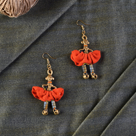 The Dancing Empress Handcrafted Tribal Dhokra Earrings in Sunset Orange
