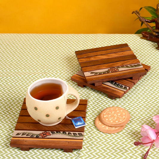 Coaster Wooden Handcrafted with Flower Motifs (Set of 3)