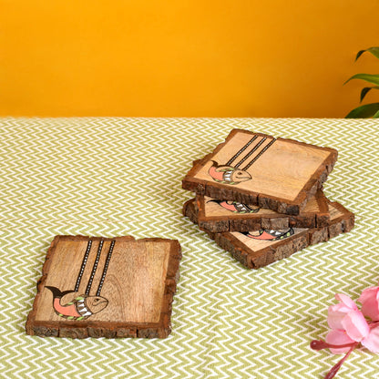 Handcrafted Mangowood Square Coasters with Madhubani Art (Set of 4)