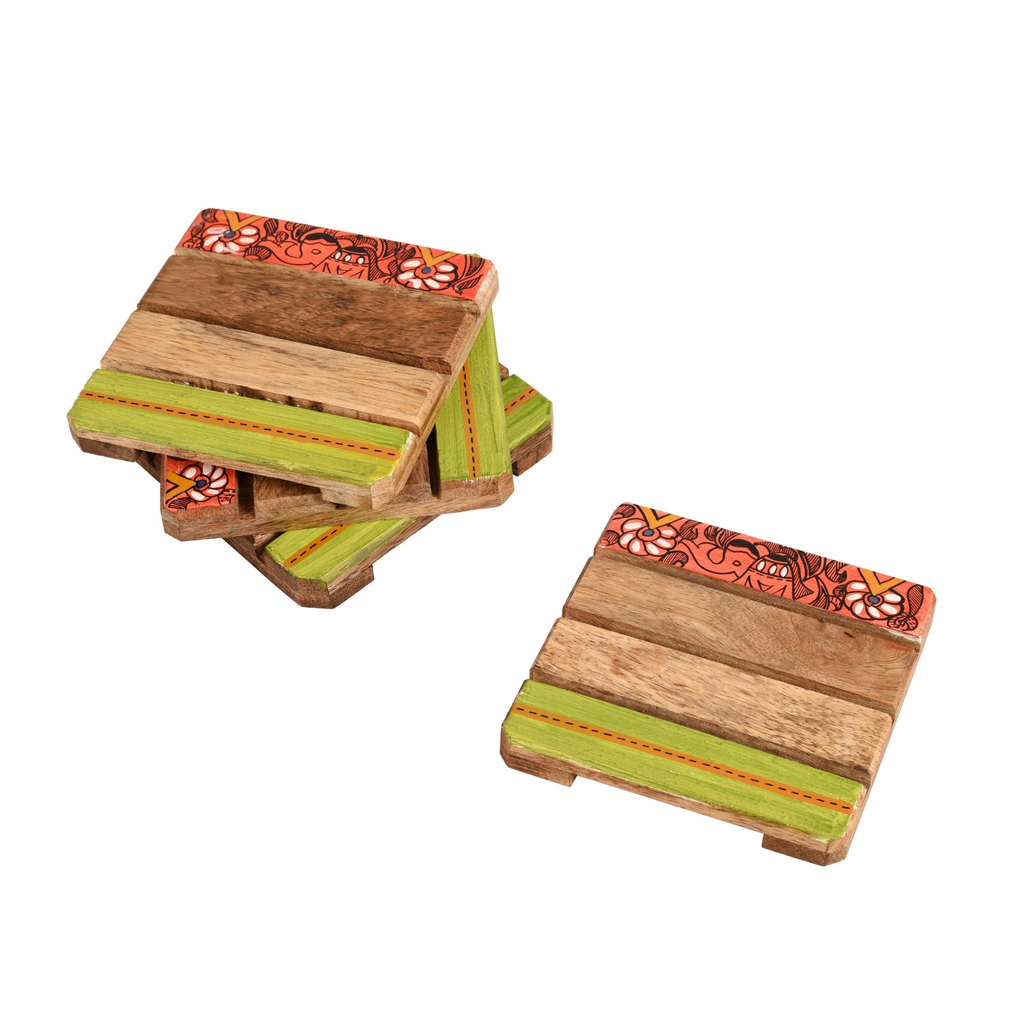 Handcrafted Mangowood Square Coasters with Madhubani Art (Set of 4)