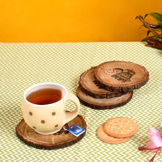 Handcrafted Mangowood Round Coasters with Madhubani Art (Set of 4)