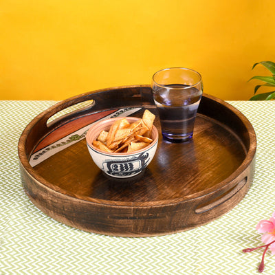 Tray Round shape Handpainted with Tribal Art Handcrafted in Mango Wood (14x14")