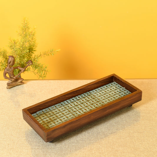 Mango Wood Handcrafted Jade Mosaic Rectangular Tray (12.5 x 5 in)