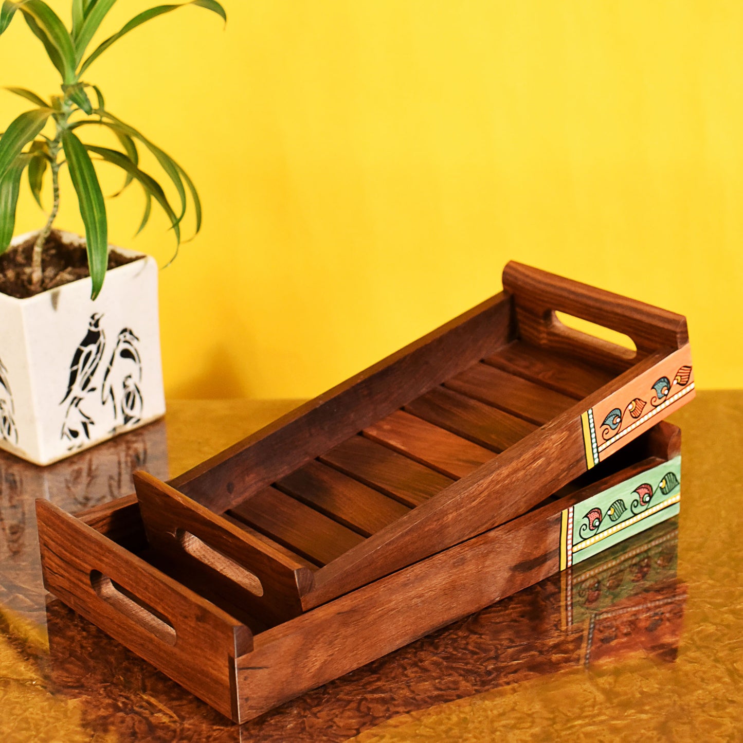 Trays with Madhubani Patterns Handcrafted in RoseWood (set of 2) (13x7/11.5x5.5")