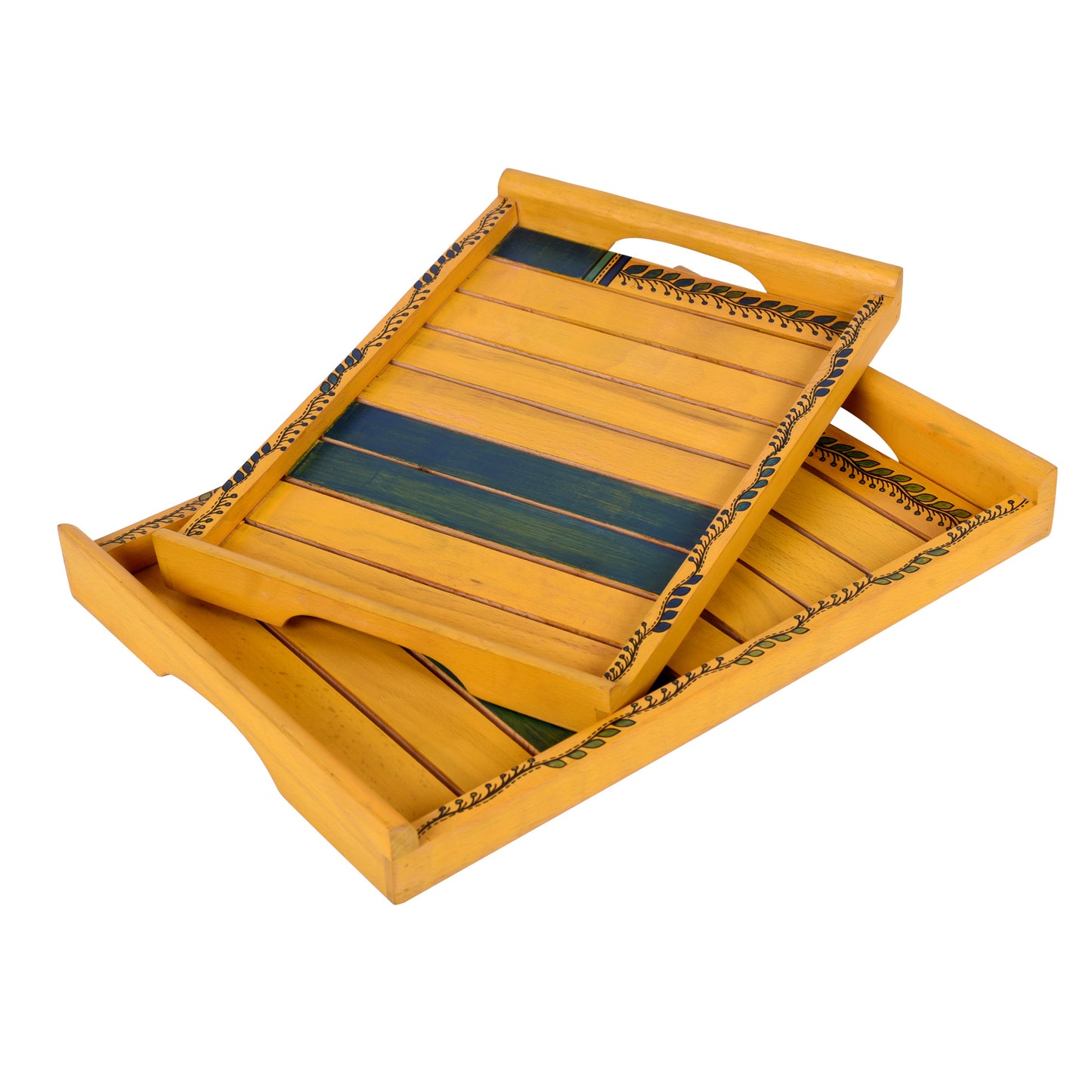 Trays in Yellow with Tribal Art Handcrafted in RoseWood (set of 2) (14x10/12x8")