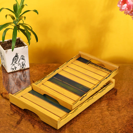 Trays in Yellow with Tribal Art Handcrafted in RoseWood (set of 2) (14x10/12x8")