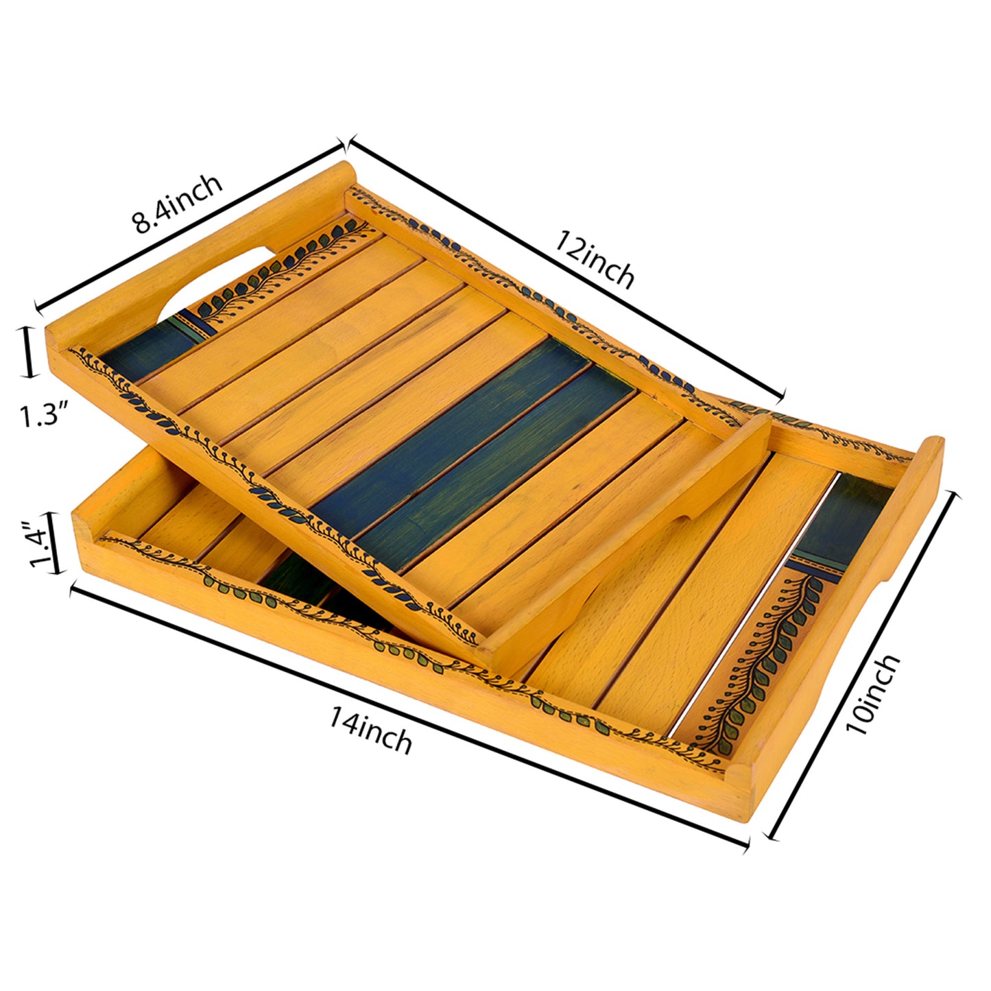 Trays in Yellow with Tribal Art Handcrafted in RoseWood (set of 2) (14x10/12x8")