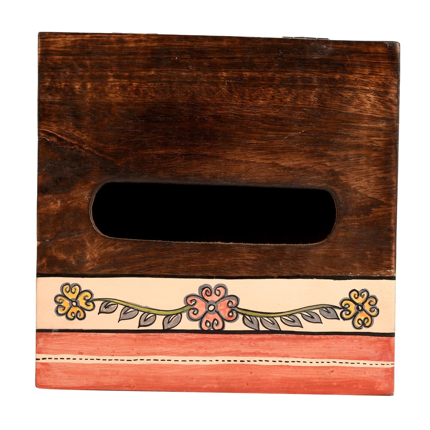 Tissue Box Handcrafted in Wood with Tribal Art Flower Design (7x7x2.5")