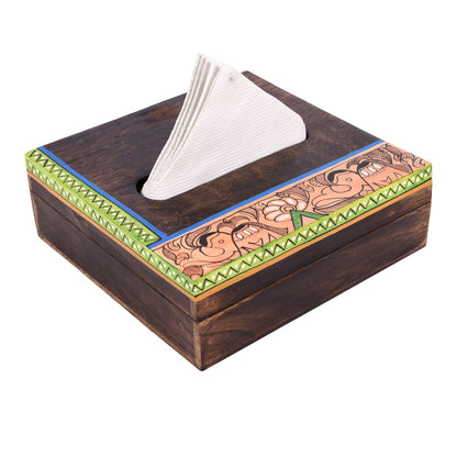 Tissue Box Handcrafted in Wood with Madhubani Painting (7x7x2.5)