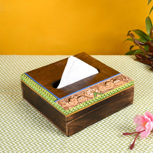 Tissue Box Handcrafted in Wood with Madhubani Painting (7x7x2.5)