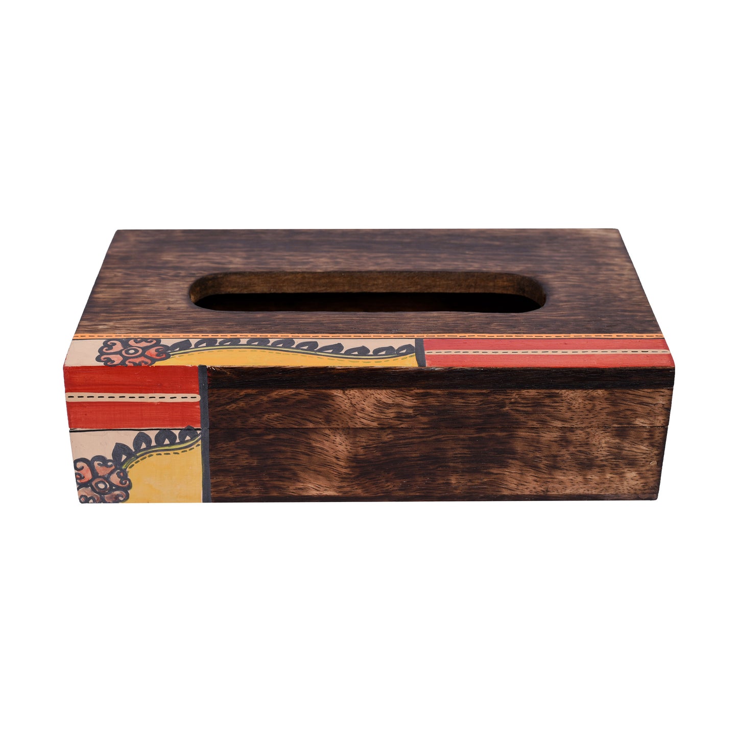 Tissue Box Handcrafted in Wood with Tribal Art Flower Design (9x5x2.5")