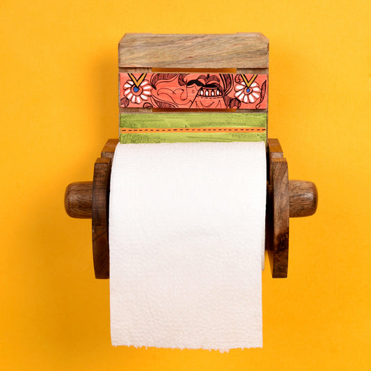 Tissue Roll/Towel Holder Handcrafted in Wood with Madhubani Art (5x4x6.5")