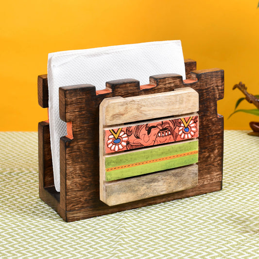 Tissue Holder Handcrafted in Wood with Tribal Art (7x3x5")