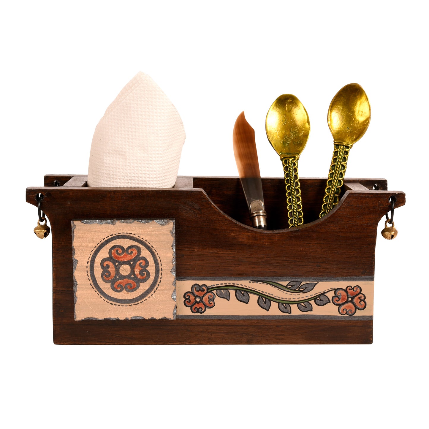 Cutlery Holder Handcrafted in Wood with Folk Art (9.2x3.3x4")