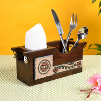 Cutlery Holder Handcrafted in Wood with Folk Art (9.2x3.3x4