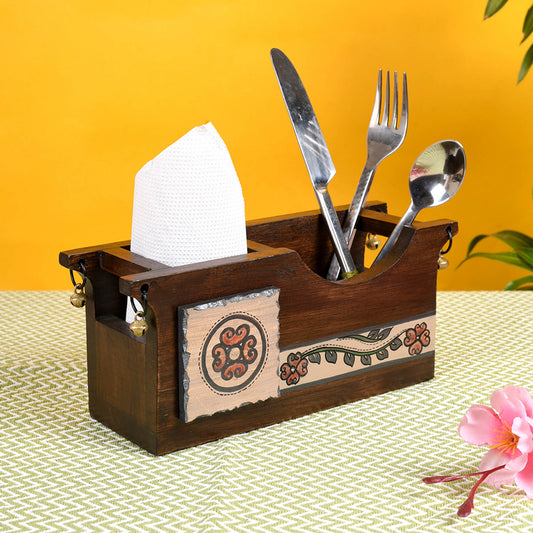 Cutlery Holder Handcrafted in Wood with Folk Art (9.2x3.3x4")