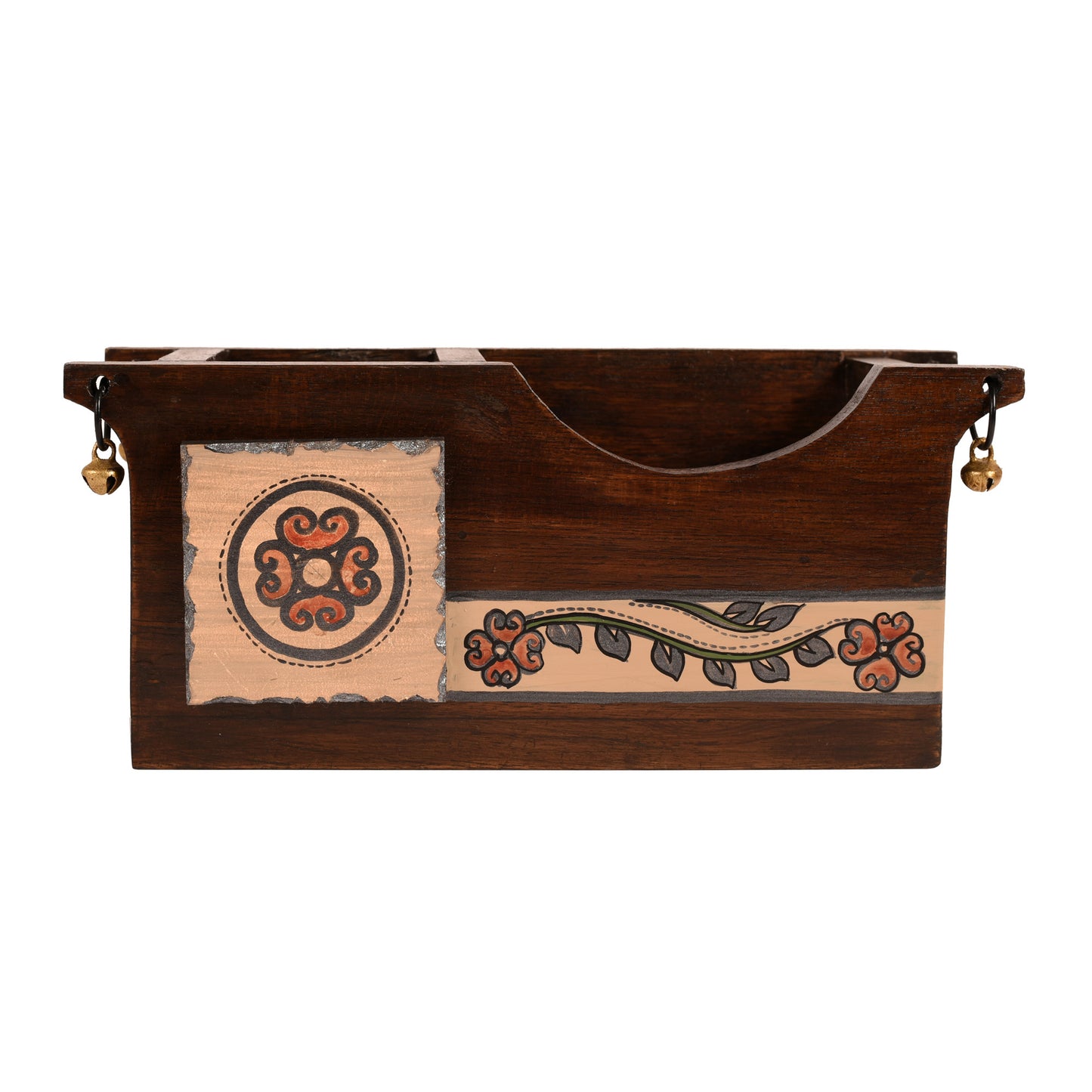 Cutlery Holder Handcrafted in Wood with Folk Art (9.2x3.3x4")