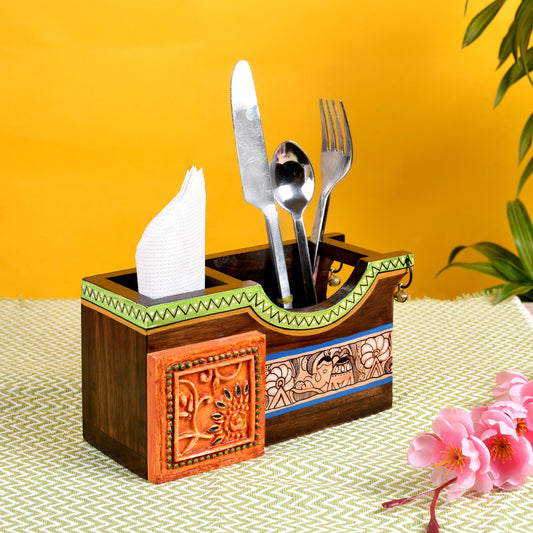 Cutlery Holder Handcrafted in Wood with Madhubani Art (8x3.5x4")