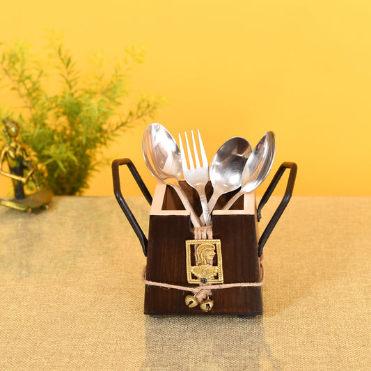 Handcrafted Wooden Cutlery Holder with Dhokra Art (3.5 x 5 in)