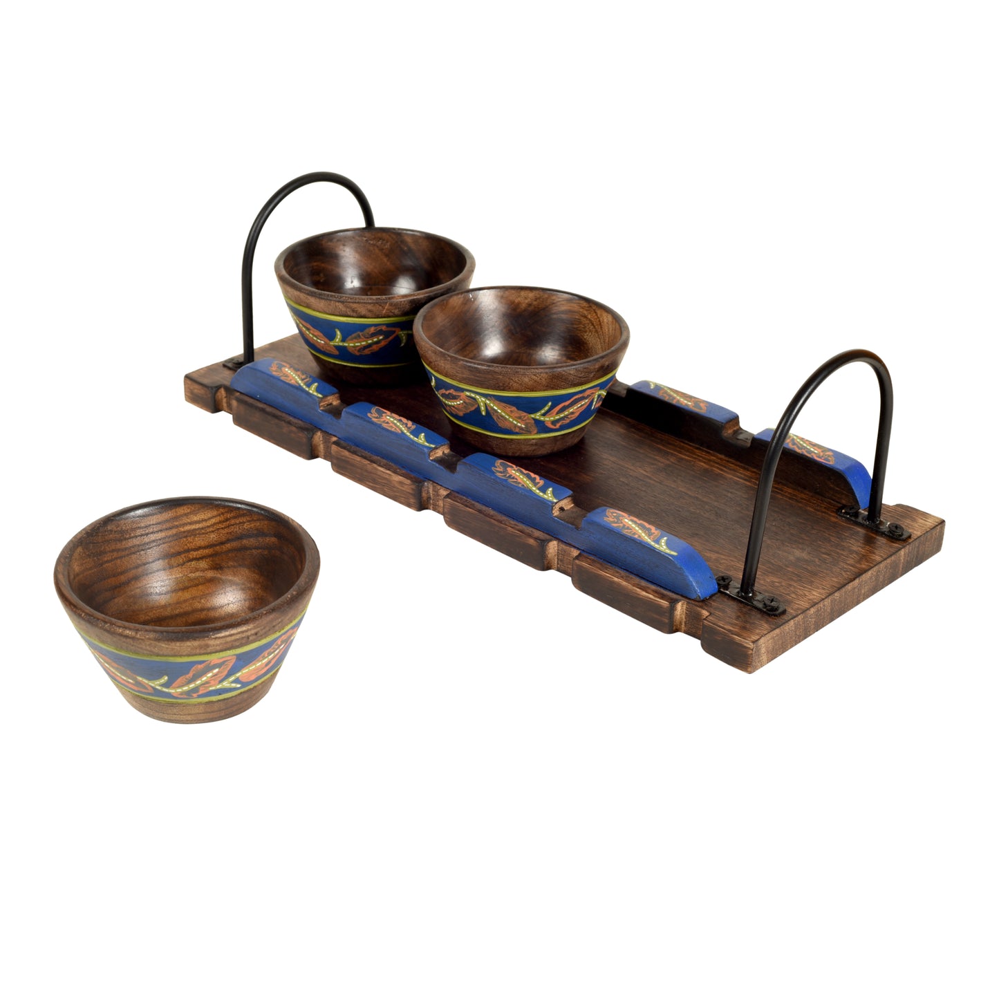 Wooden Bowls & Tray Hand-painted, Metal Handles